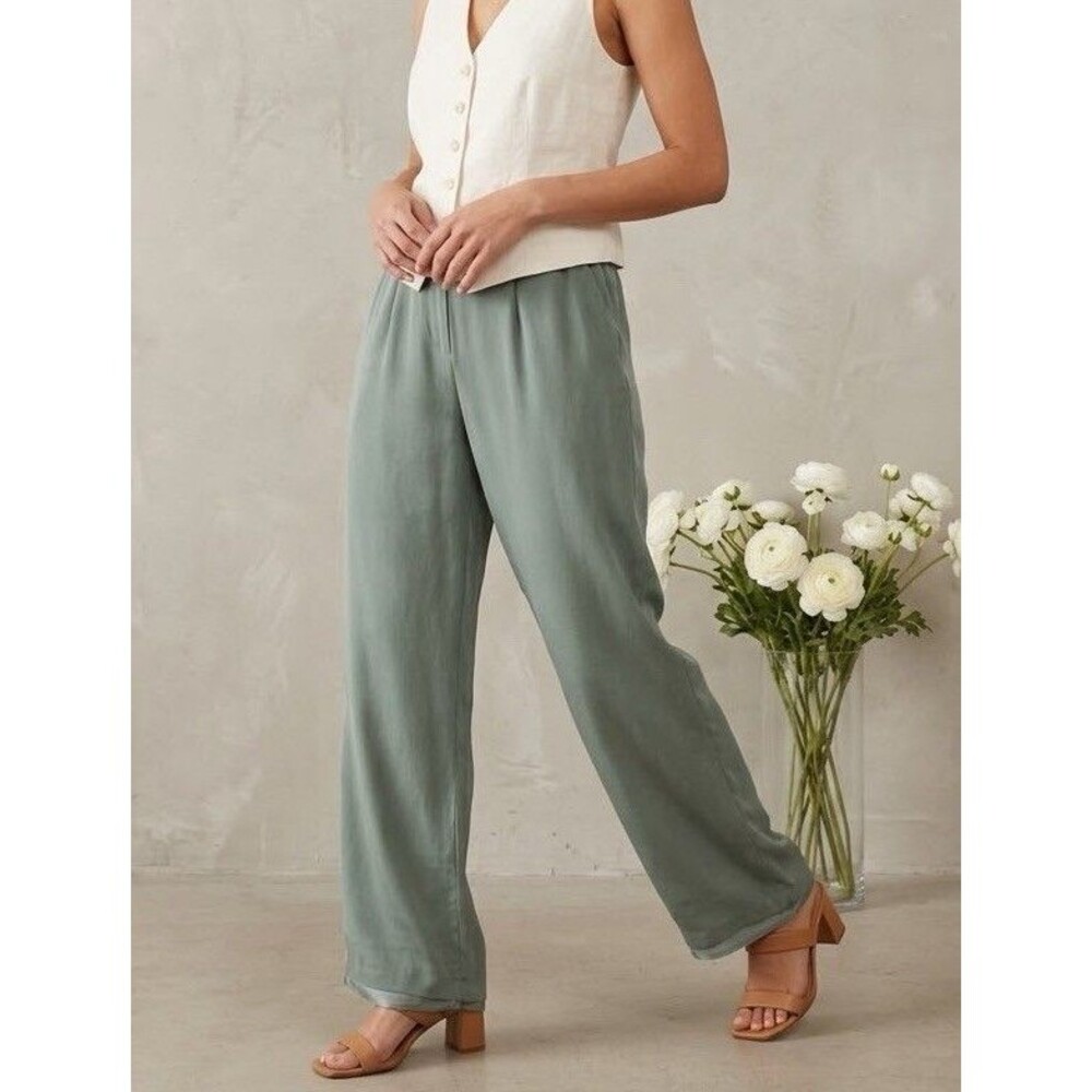 Vintage 100% Silk Wide Leg Palazzo Trousers Sage Green High Rise Size 16